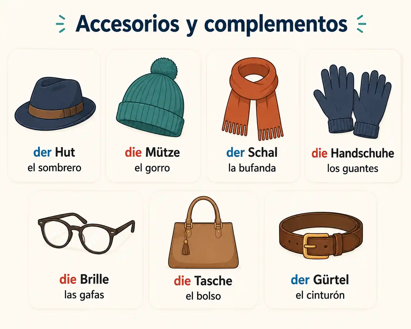 Accesorios y complementos en alemán ilustrados: der Hut (el sombrero), die Mütze (el gorro), der Schal (la bufanda), die Handschuhe (los guantes), die Brille (las gafas), die Tasche (el bolso) y der Gürtel (el cinturón)