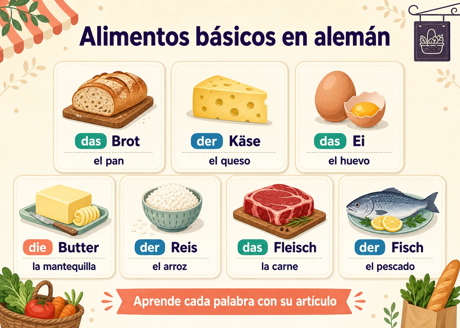 Infografía de alimentos básicos en alemán: das Brot, der Käse, das Ei, die Butter, der Reis, das Fleisch y der Fisch
