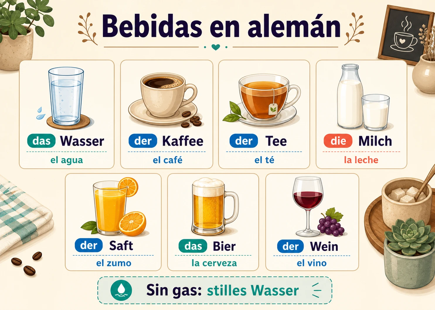 Infografía de bebidas en alemán: das Wasser, der Kaffee, der Tee, die Milch, der Saft, das Bier y der Wein