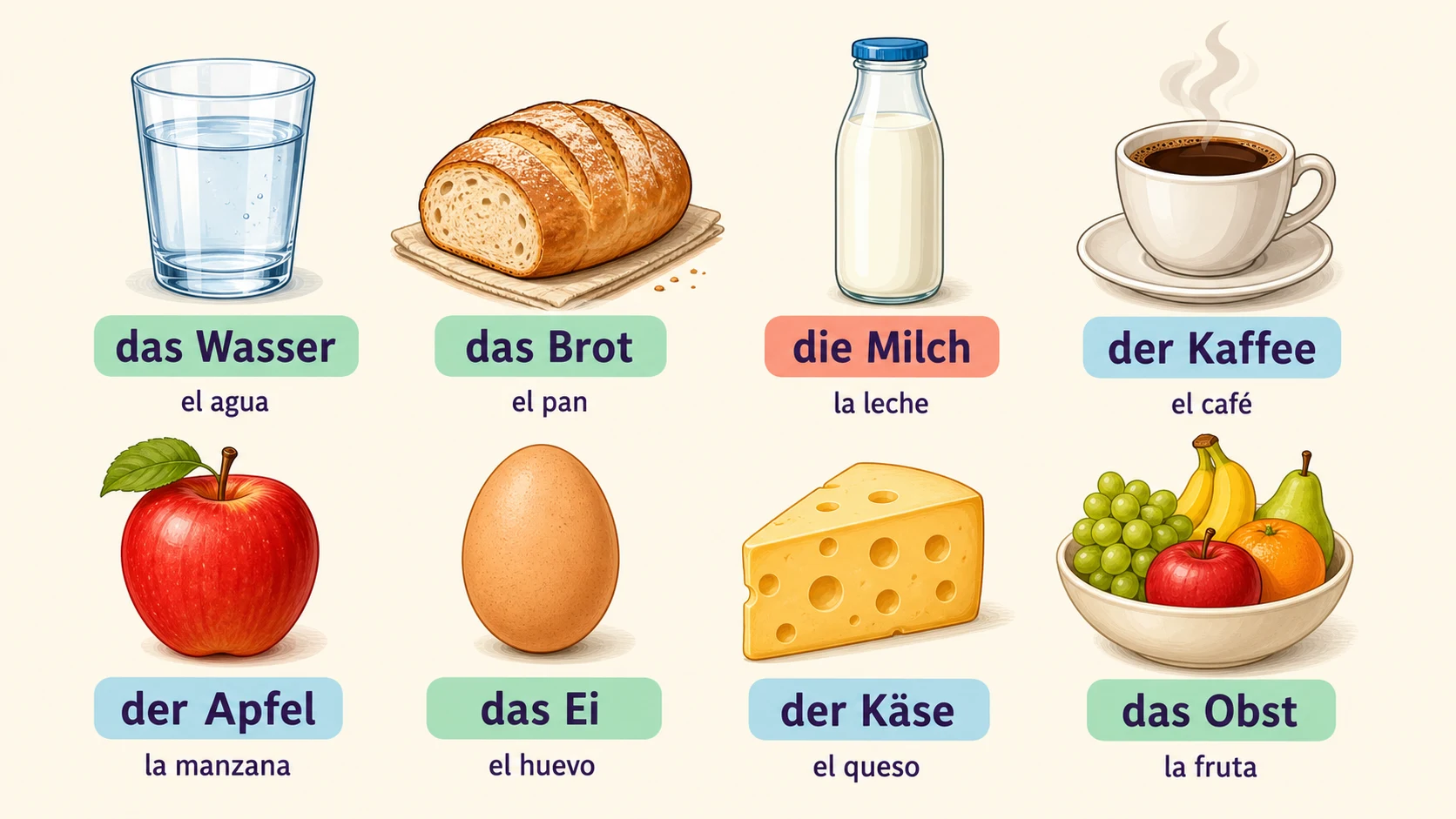 Infografía de comida y bebida en alemán: das Wasser (el agua), das Brot (el pan), die Milch (la leche), der Kaffee (el café), der Apfel (la manzana), das Ei (el huevo), der Käse (el queso) y das Obst (la fruta)