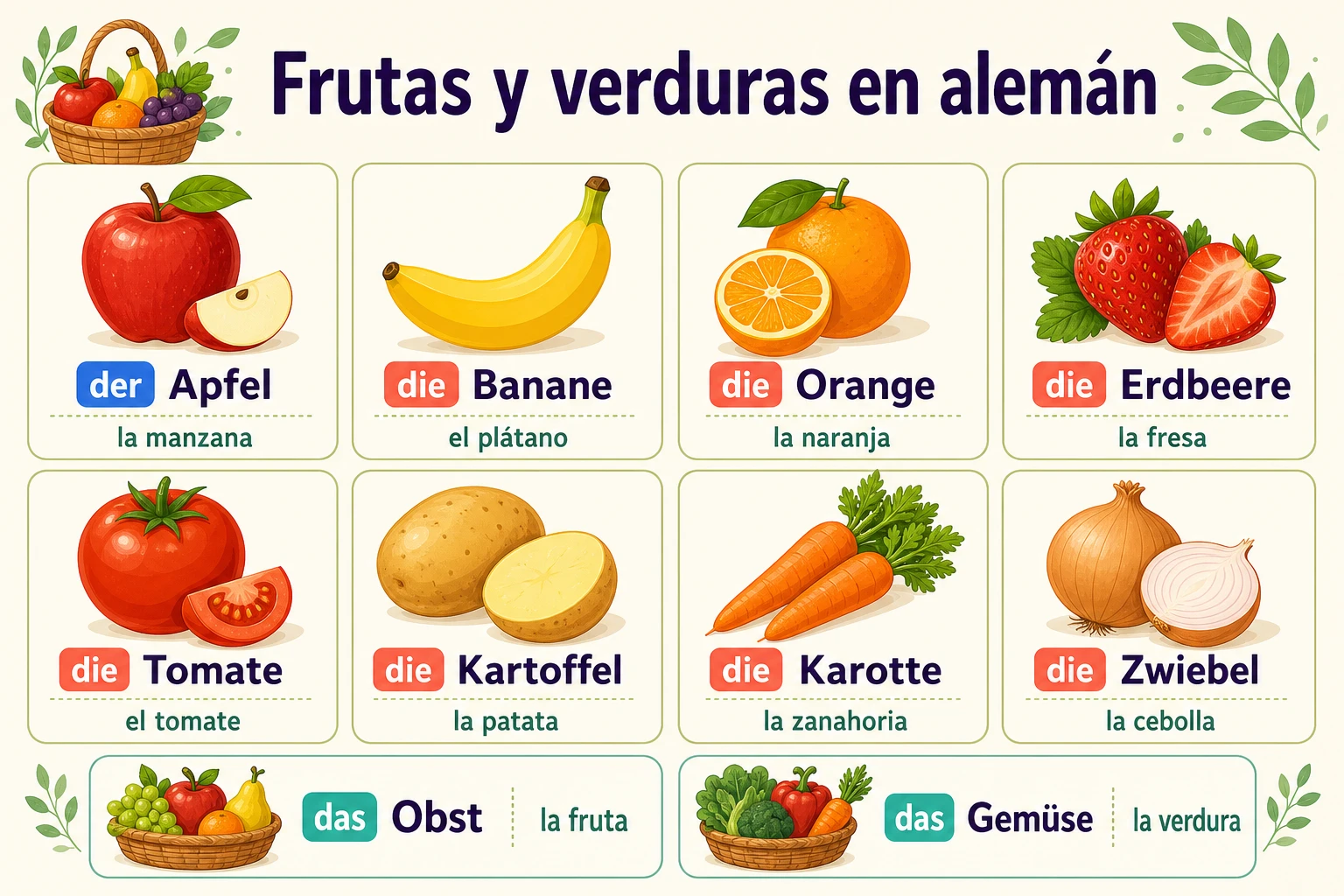 Infografía de frutas y verduras en alemán: der Apfel, die Banane, die Orange, die Erdbeere, die Tomate, die Kartoffel, die Karotte y die Zwiebel