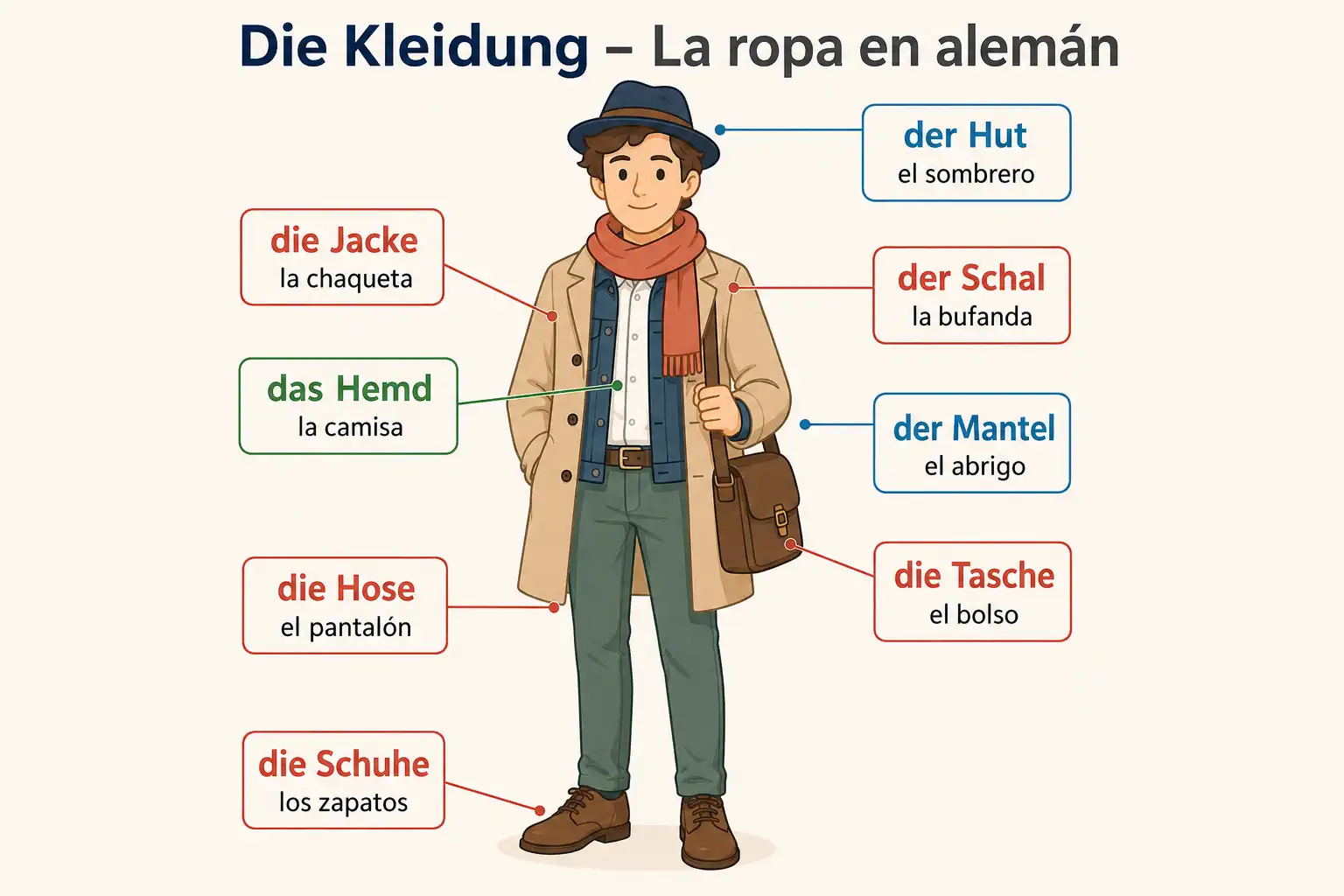 Die Kleidung – la ropa en alemán: der Hut (el sombrero), die Jacke (la chaqueta), das Hemd (la camisa), der Schal (la bufanda), der Mantel (el abrigo), die Hose (el pantalón), die Schuhe (los zapatos) y die Tasche (el bolso)