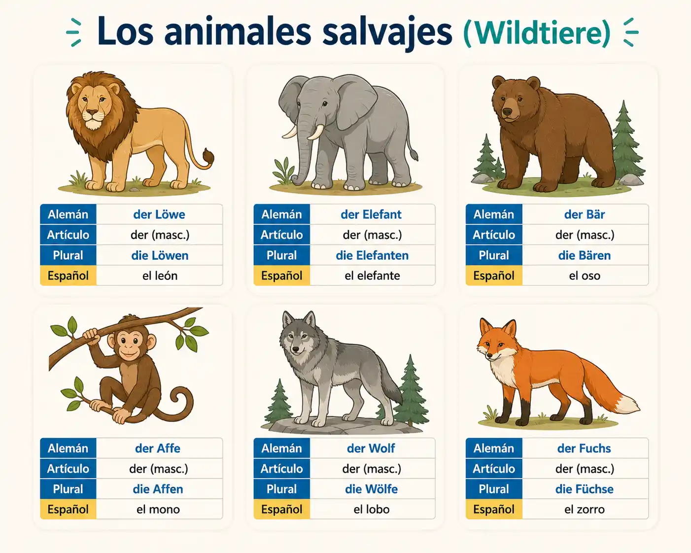 Die Wildtiere – los animales salvajes en alemán: der Löwe (el león), der Elefant (el elefante), der Bär (el oso), der Affe (el mono), der Wolf (el lobo) y der Fuchs (el zorro)