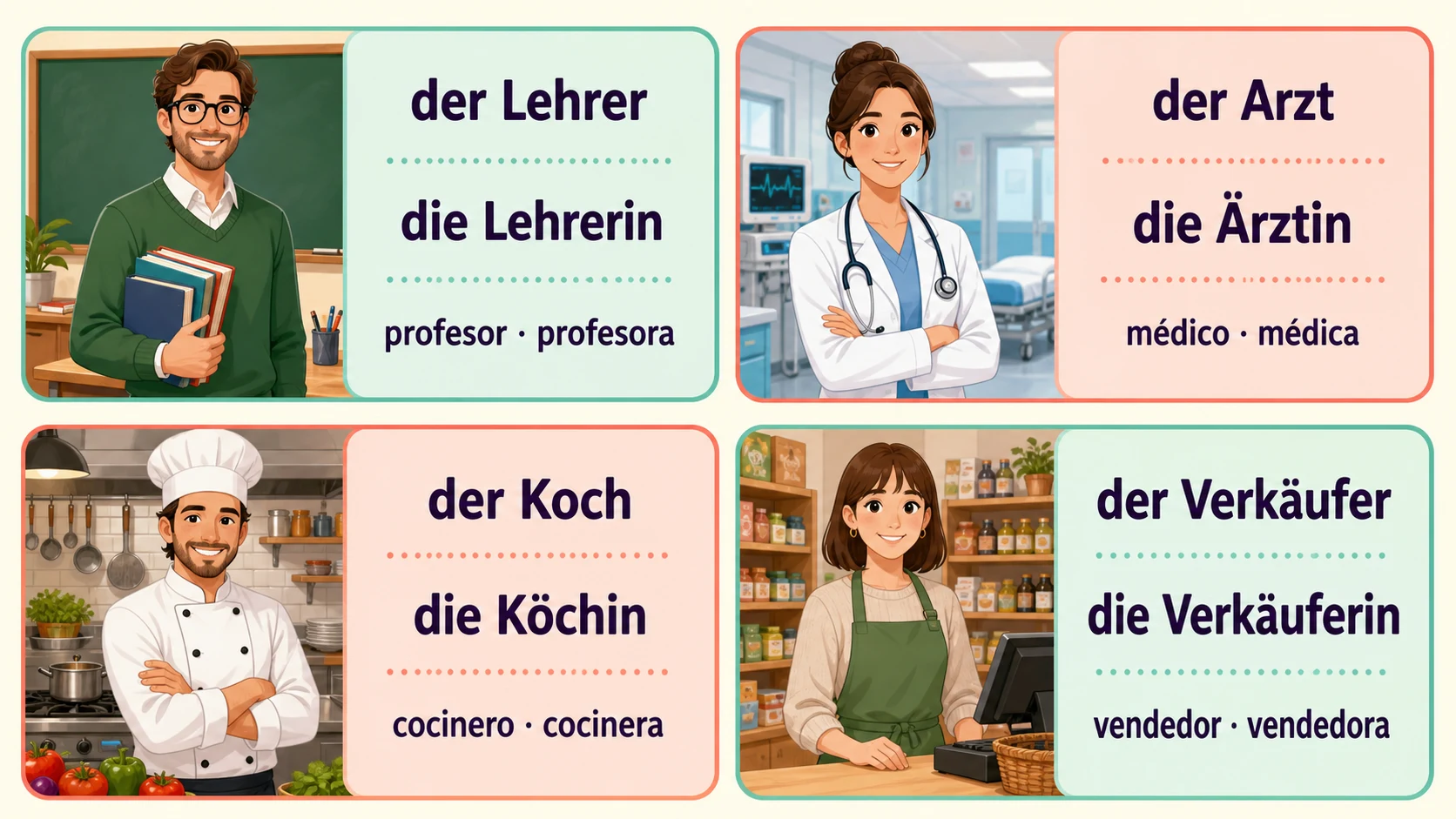 Infografía de profesiones comunes en alemán: der Lehrer y die Lehrerin, der Arzt y die Ärztin, der Koch y die Köchin, der Verkäufer y die Verkäuferin
